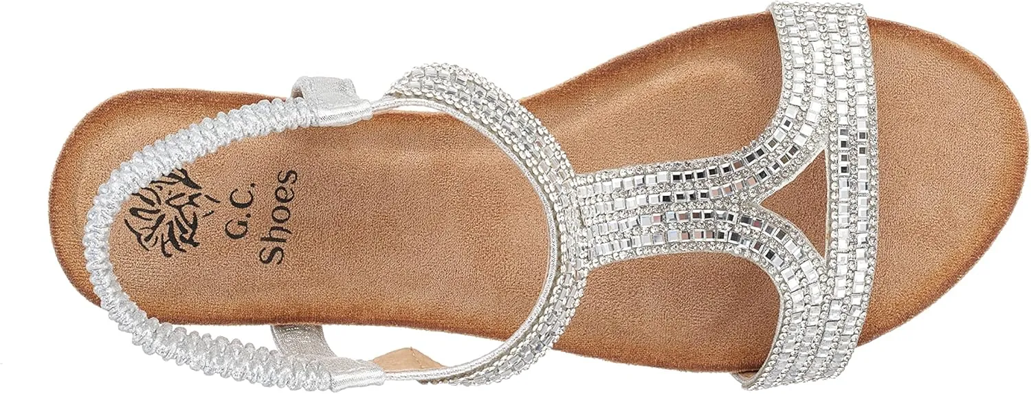 GC Shoes Womens Rhinestone Strap Wedge Sandals, Open Toe Elastic Sling Back Summer Platform Slide Sandal, Coretta