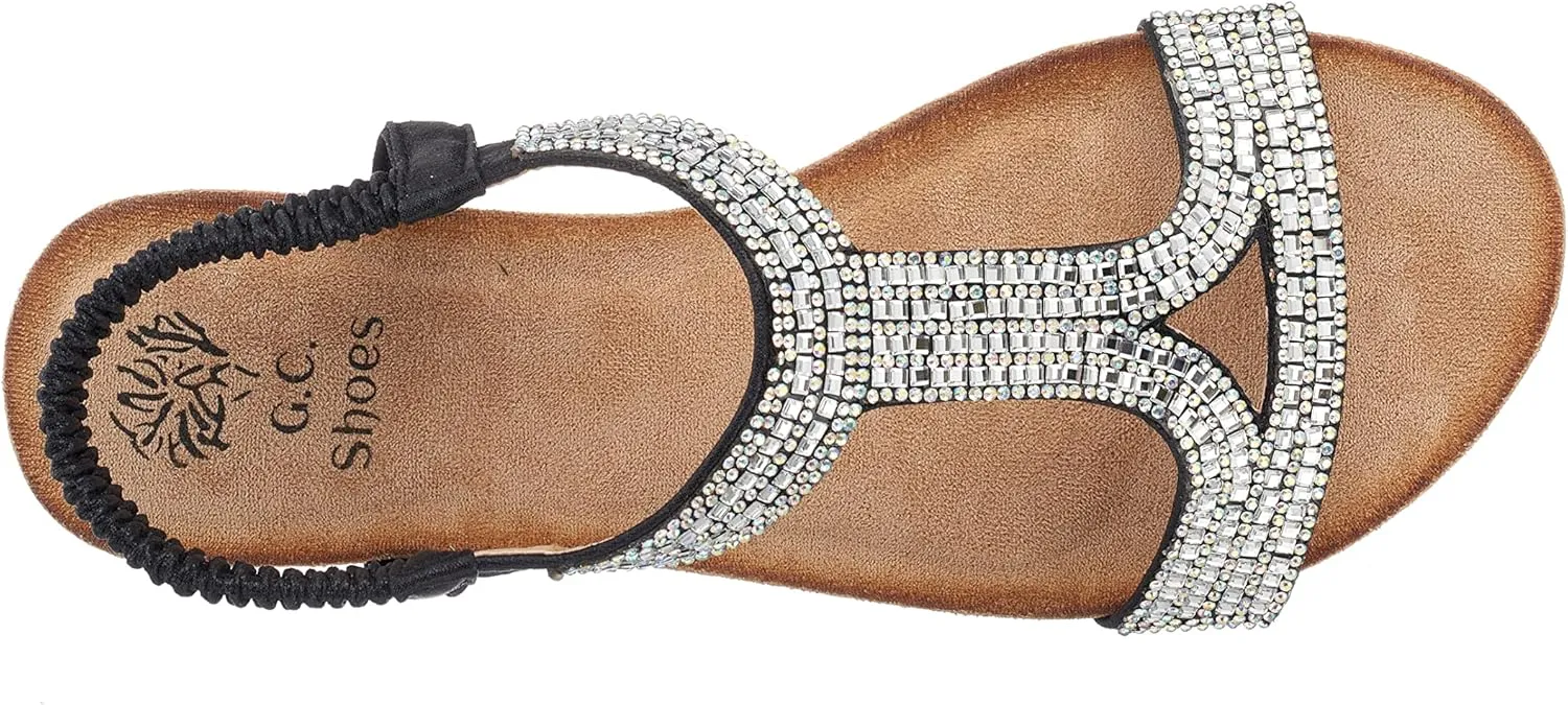 GC Shoes Womens Rhinestone Strap Wedge Sandals, Open Toe Elastic Sling Back Summer Platform Slide Sandal, Coretta