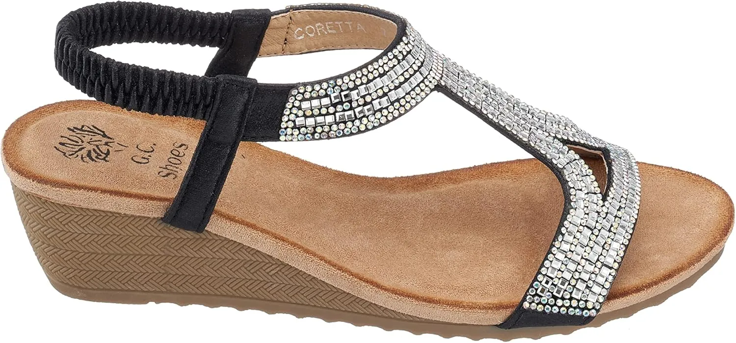 GC Shoes Womens Rhinestone Strap Wedge Sandals, Open Toe Elastic Sling Back Summer Platform Slide Sandal, Coretta