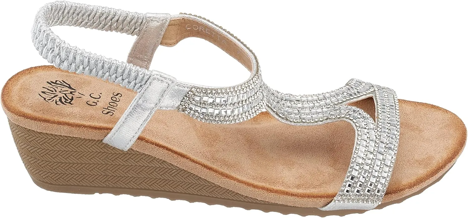 GC Shoes Womens Rhinestone Strap Wedge Sandals, Open Toe Elastic Sling Back Summer Platform Slide Sandal, Coretta