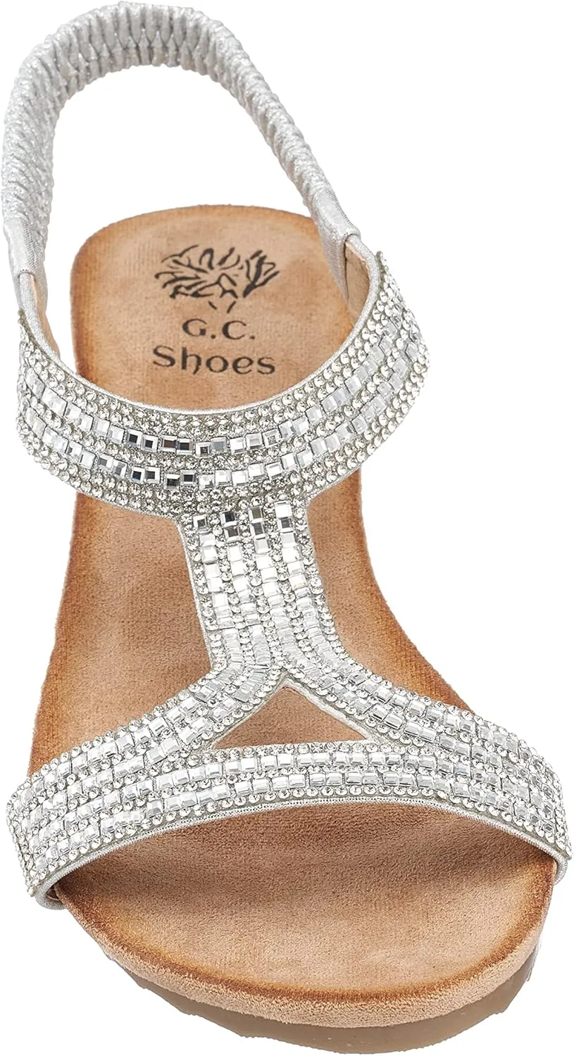 GC Shoes Womens Rhinestone Strap Wedge Sandals, Open Toe Elastic Sling Back Summer Platform Slide Sandal, Coretta