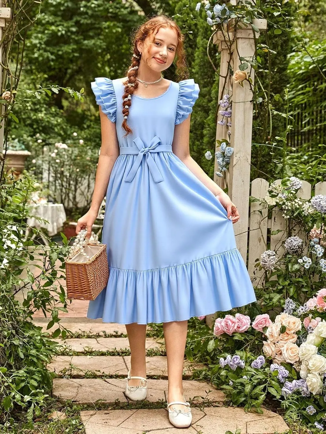 Girls Dresses Double Layer Ruffle Sleeve Dress Casual Summer Elegant A-Line Flowy Dresses 6-14 Years