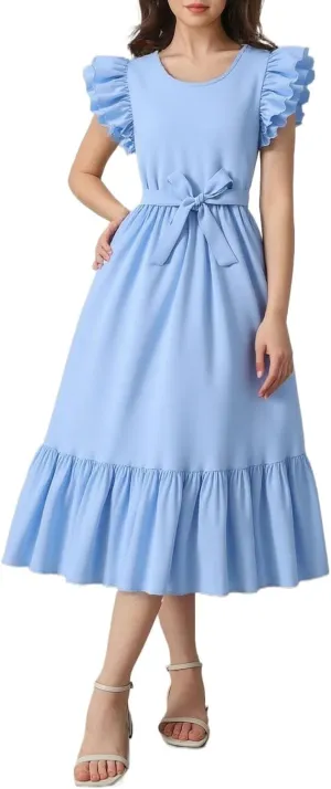 Girls Dresses Double Layer Ruffle Sleeve Dress Casual Summer Elegant A-Line Flowy Dresses 6-14 Years