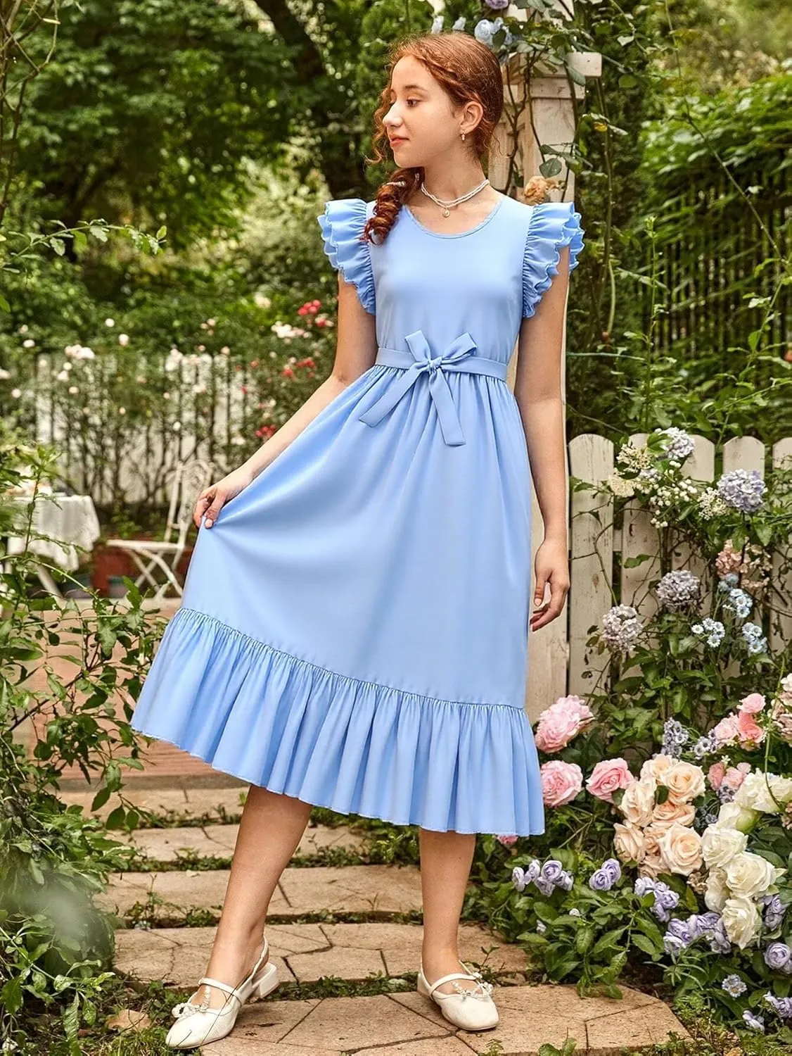 Girls Dresses Double Layer Ruffle Sleeve Dress Casual Summer Elegant A-Line Flowy Dresses 6-14 Years