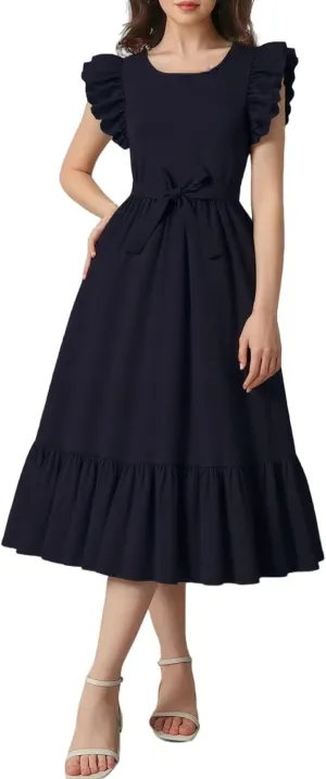 Girls Dresses Double Layer Ruffle Sleeve Dress Casual Summer Elegant A-Line Flowy Dresses 6-14 Years