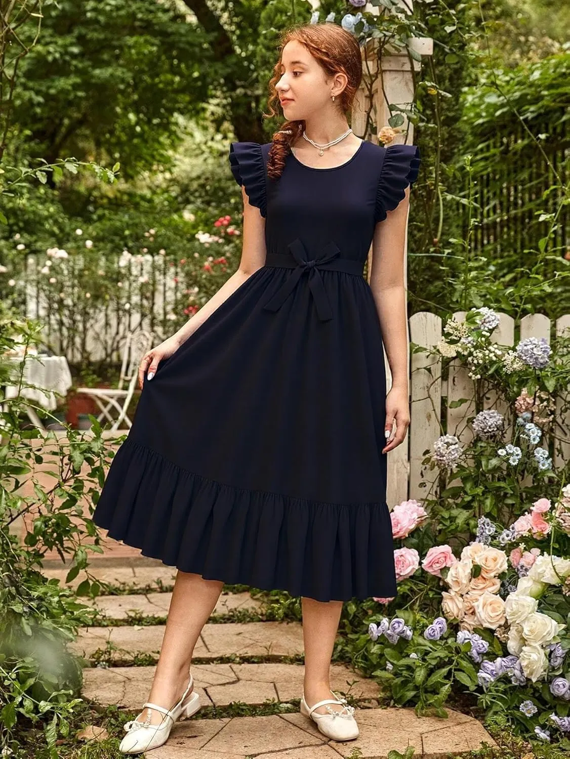 Girls Dresses Double Layer Ruffle Sleeve Dress Casual Summer Elegant A-Line Flowy Dresses 6-14 Years