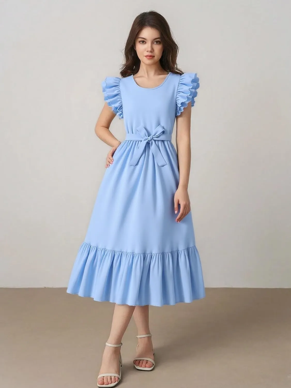 Girls Dresses Double Layer Ruffle Sleeve Dress Casual Summer Elegant A-Line Flowy Dresses 6-14 Years