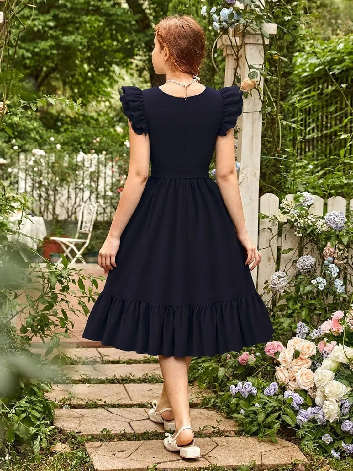 Girls Dresses Double Layer Ruffle Sleeve Dress Casual Summer Elegant A-Line Flowy Dresses 6-14 Years