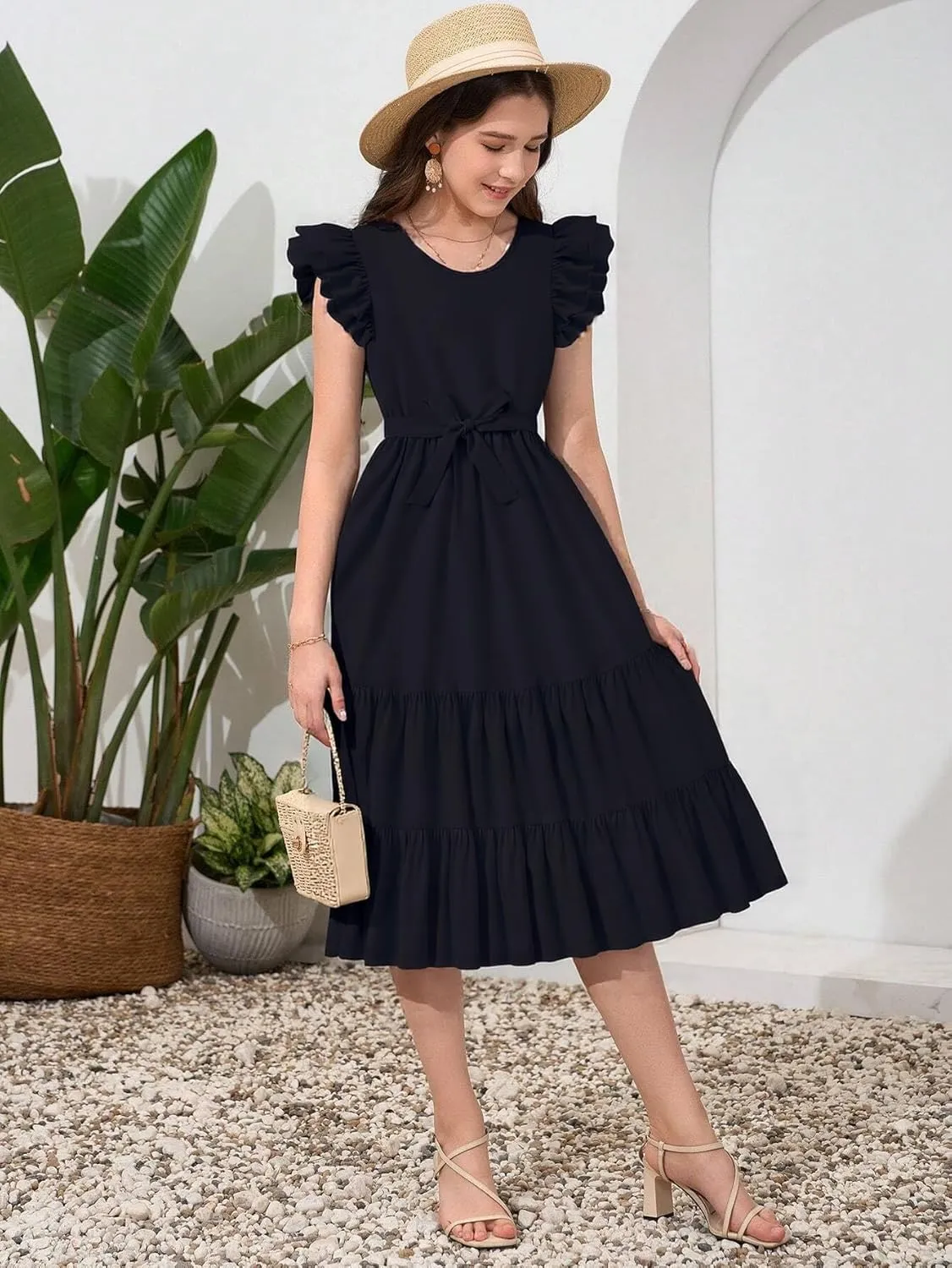 Girls Dresses Double Layer Ruffle Sleeve Dress Casual Summer Elegant A-Line Flowy Dresses 6-14 Years