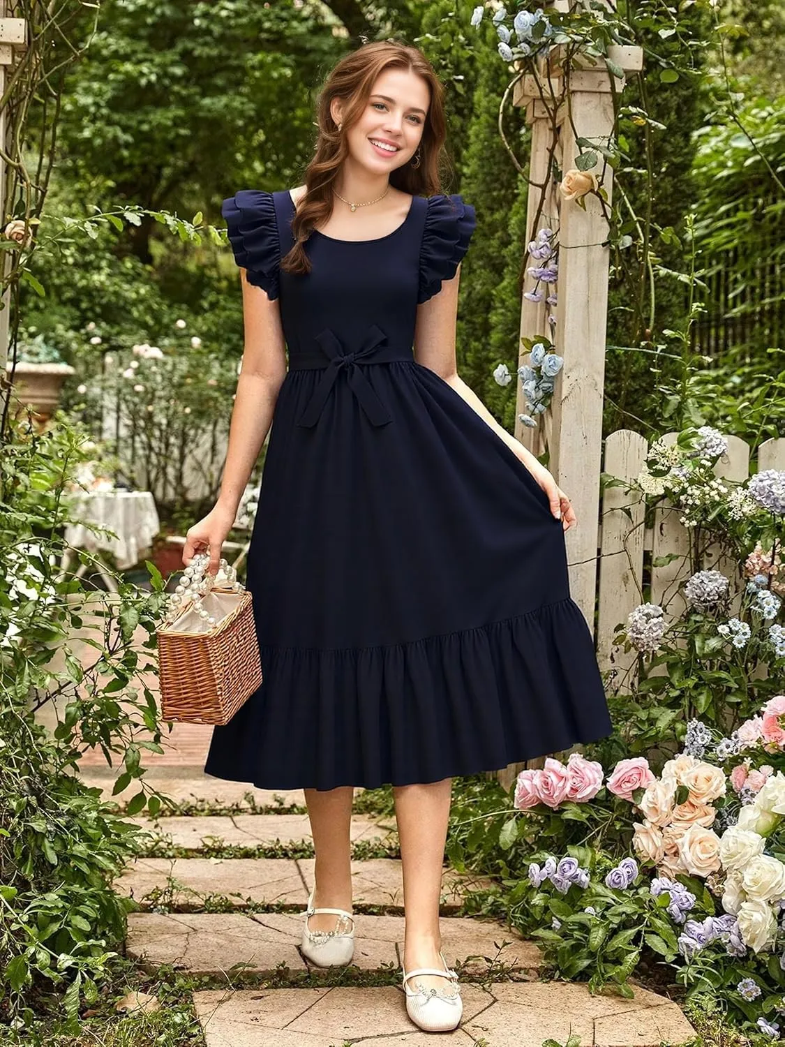 Girls Dresses Double Layer Ruffle Sleeve Dress Casual Summer Elegant A-Line Flowy Dresses 6-14 Years