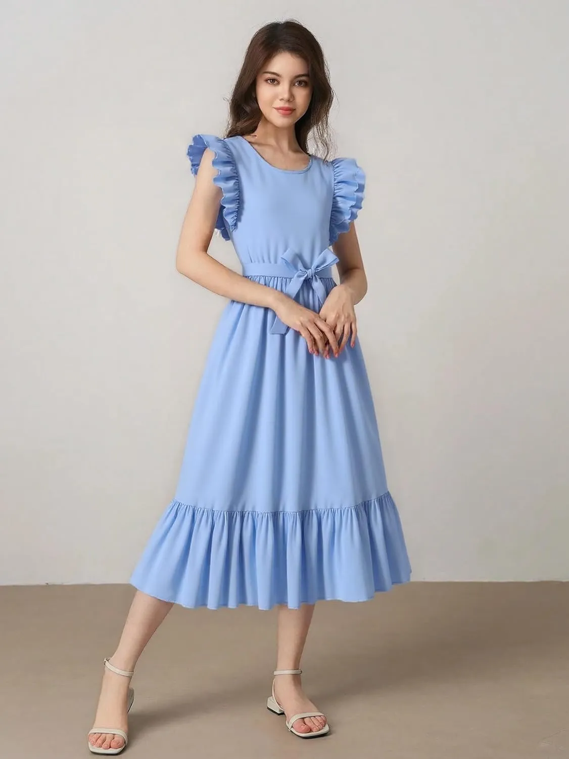 Girls Dresses Double Layer Ruffle Sleeve Dress Casual Summer Elegant A-Line Flowy Dresses 6-14 Years