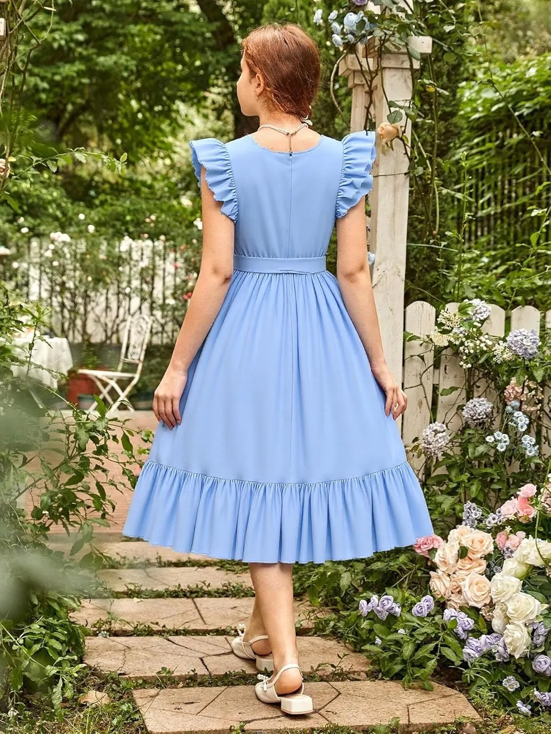 Girls Dresses Double Layer Ruffle Sleeve Dress Casual Summer Elegant A-Line Flowy Dresses 6-14 Years