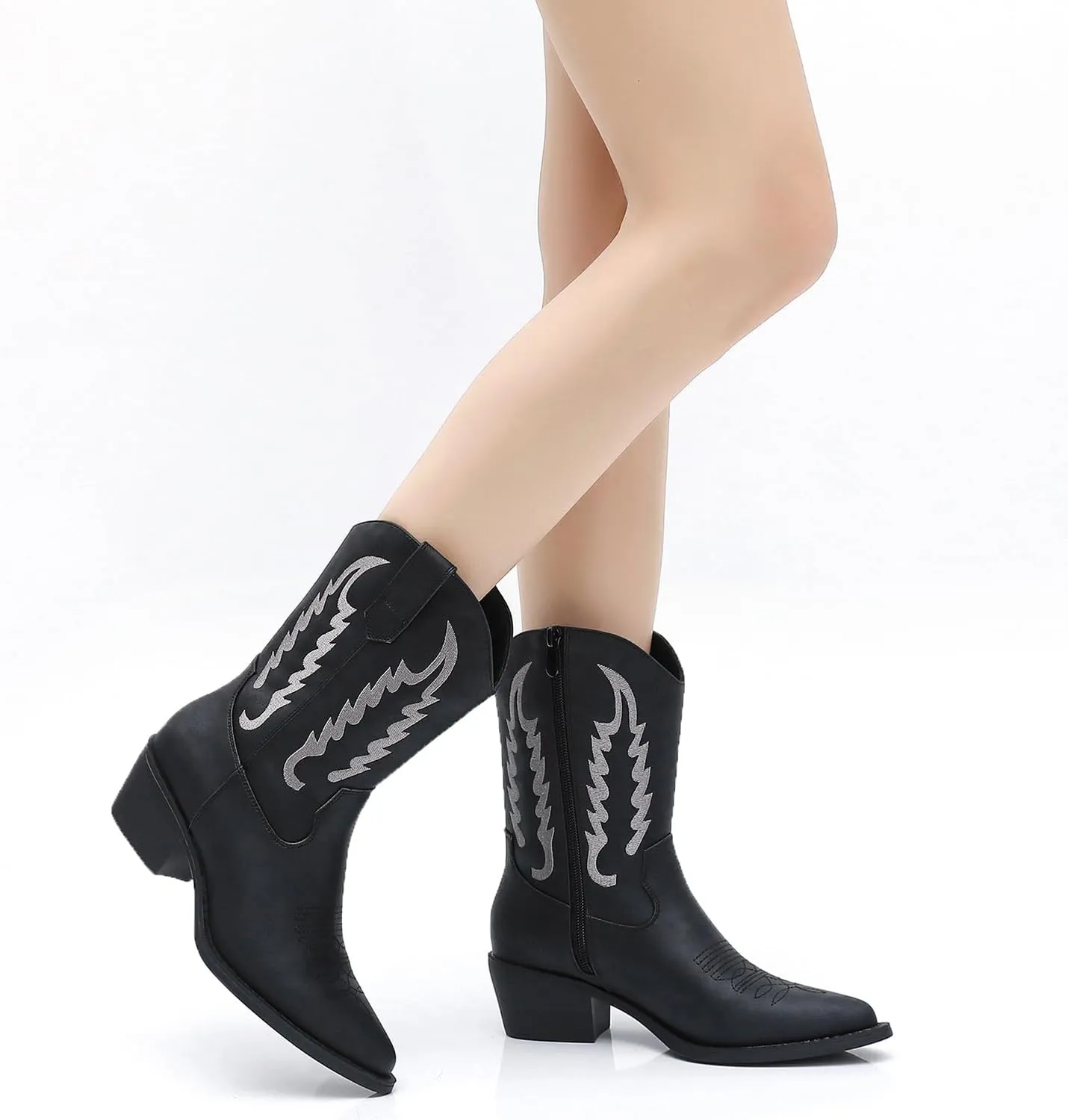 GLOBALWIN Women's Cowgirl Boots Mid Calf Western Cowboy Boots For Women Comfortable Low Heel With Zipper