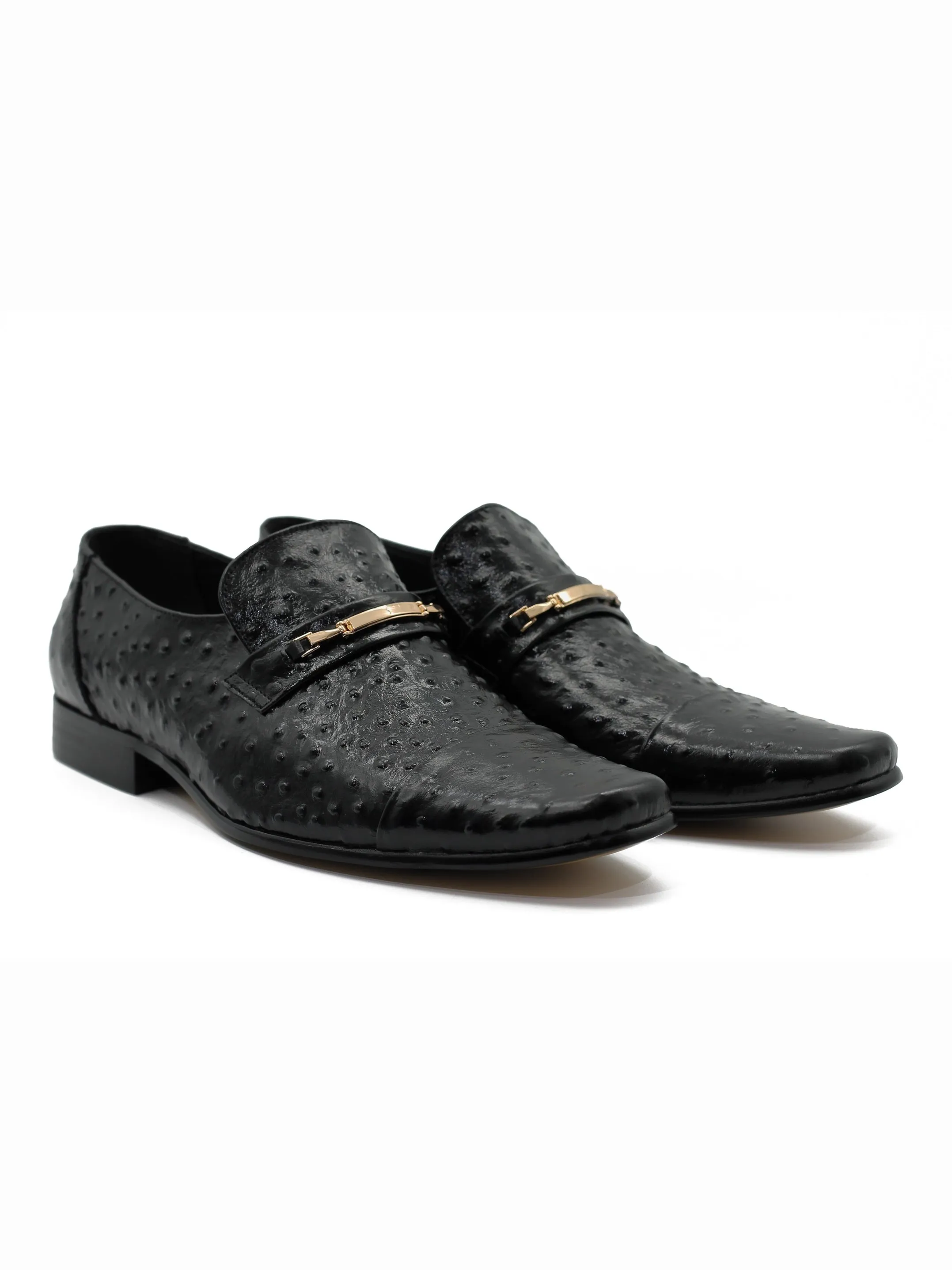 GOLD BUCKLE BLACK SHINY LEATHER LOAFERS