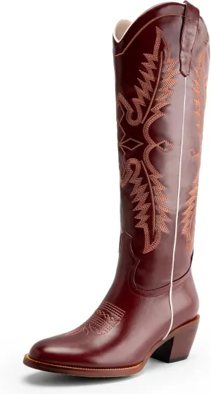 GORBINETI Women Pink Cowboy Boots Mid Calf Cowgirl Boots Sky Blue Western Boots Embroidered Suede Pull On Almond Toe Chunky Heel
