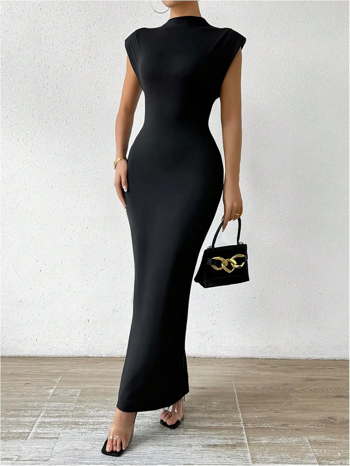 GORGLITTER Women's Elegant Sleeveless Bodycon Long Dress Mock Neck Dolman Sleeve Split Maxi Dresses