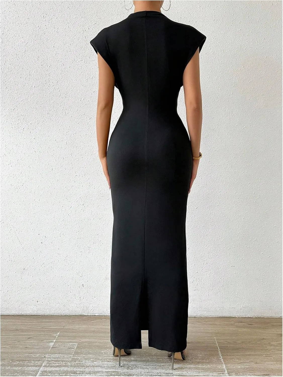 GORGLITTER Women's Elegant Sleeveless Bodycon Long Dress Mock Neck Dolman Sleeve Split Maxi Dresses