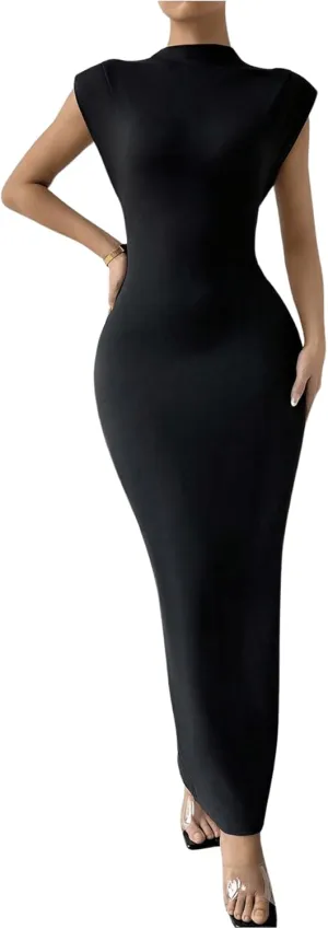 GORGLITTER Women's Elegant Sleeveless Bodycon Long Dress Mock Neck Dolman Sleeve Split Maxi Dresses