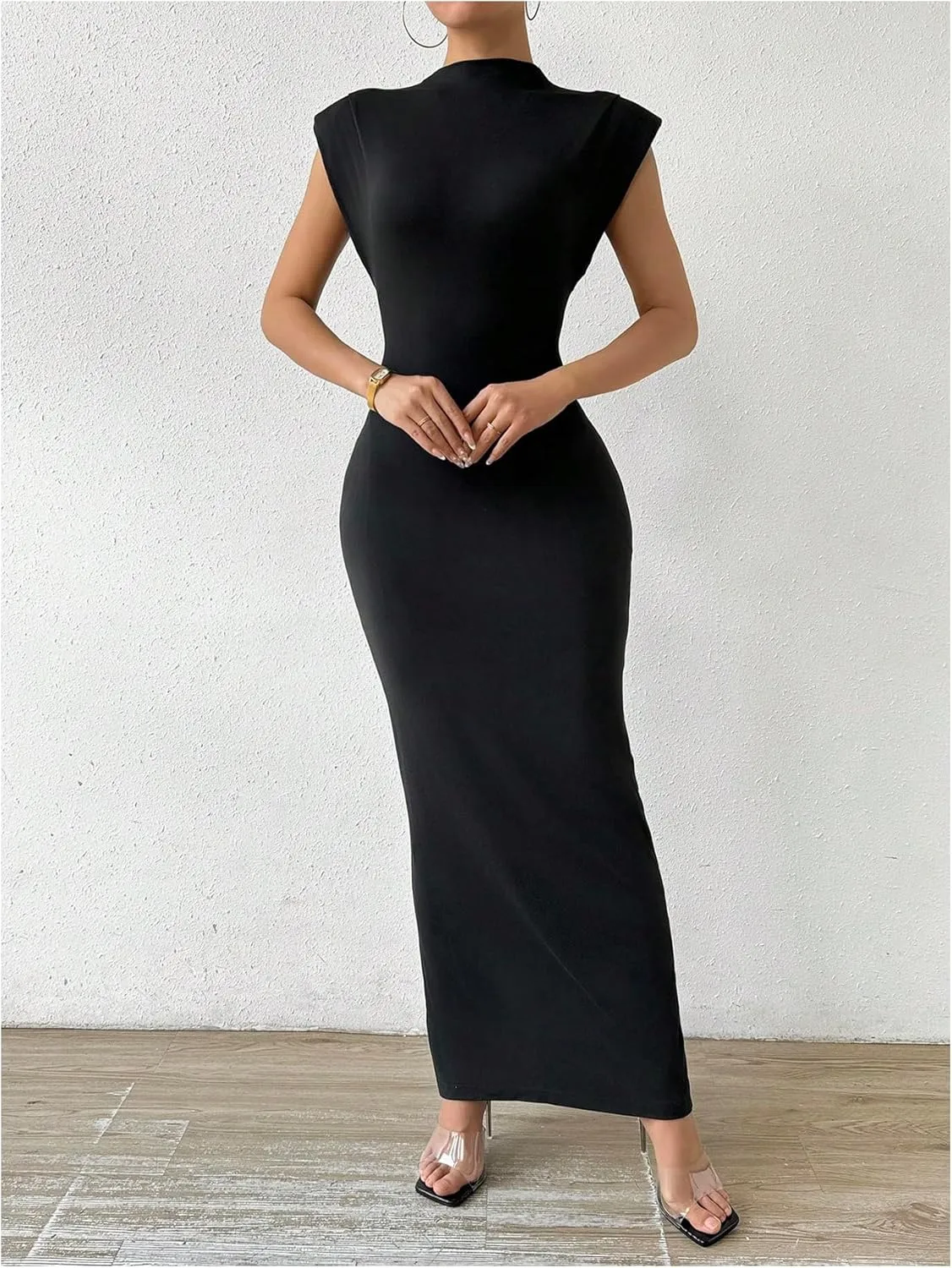 GORGLITTER Women's Elegant Sleeveless Bodycon Long Dress Mock Neck Dolman Sleeve Split Maxi Dresses