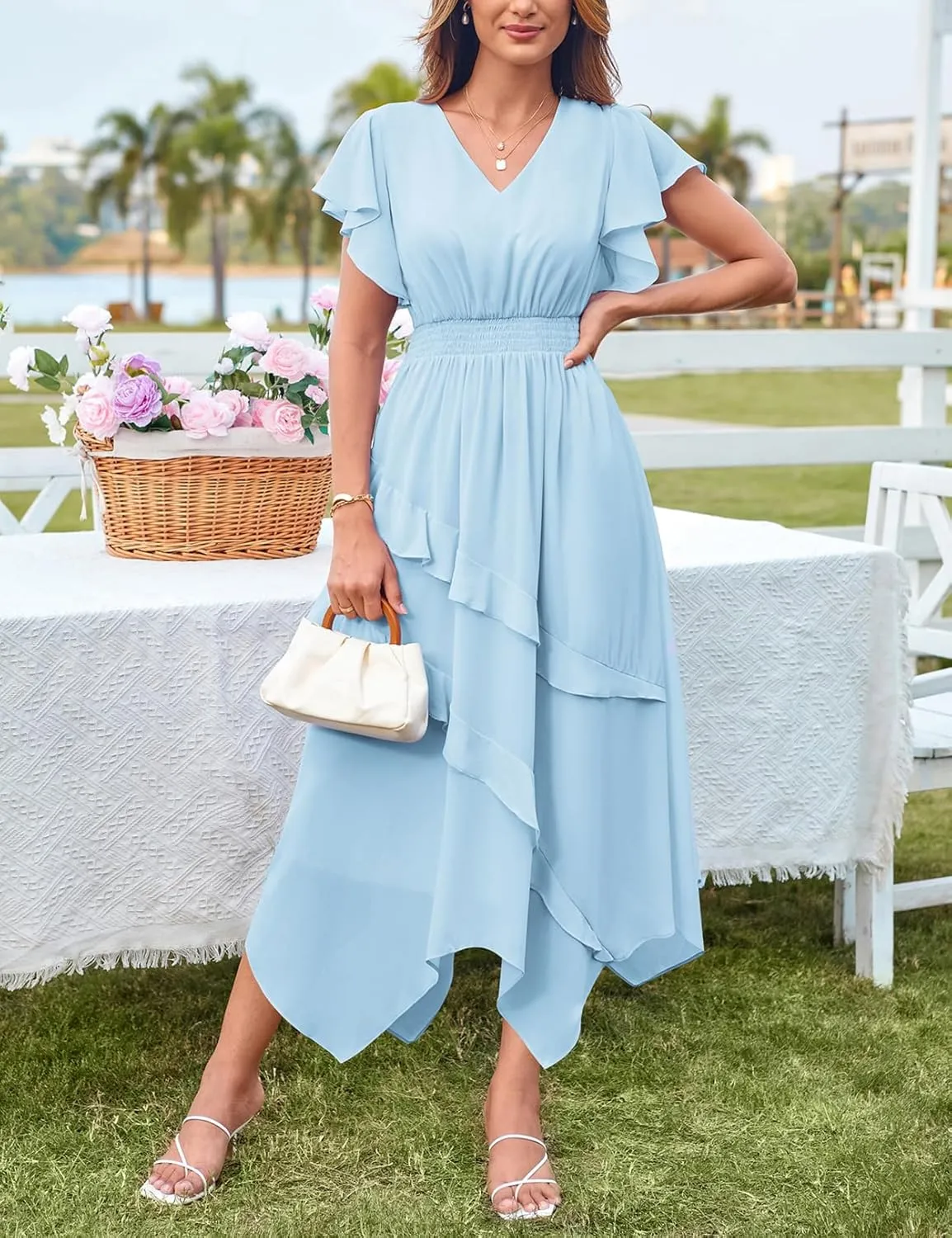 GRACE KARIN Women's Casual Summer V Neck Flutter Ruffle Short Sleeve 2025 Empire High Waist Flowy Midi Dresses