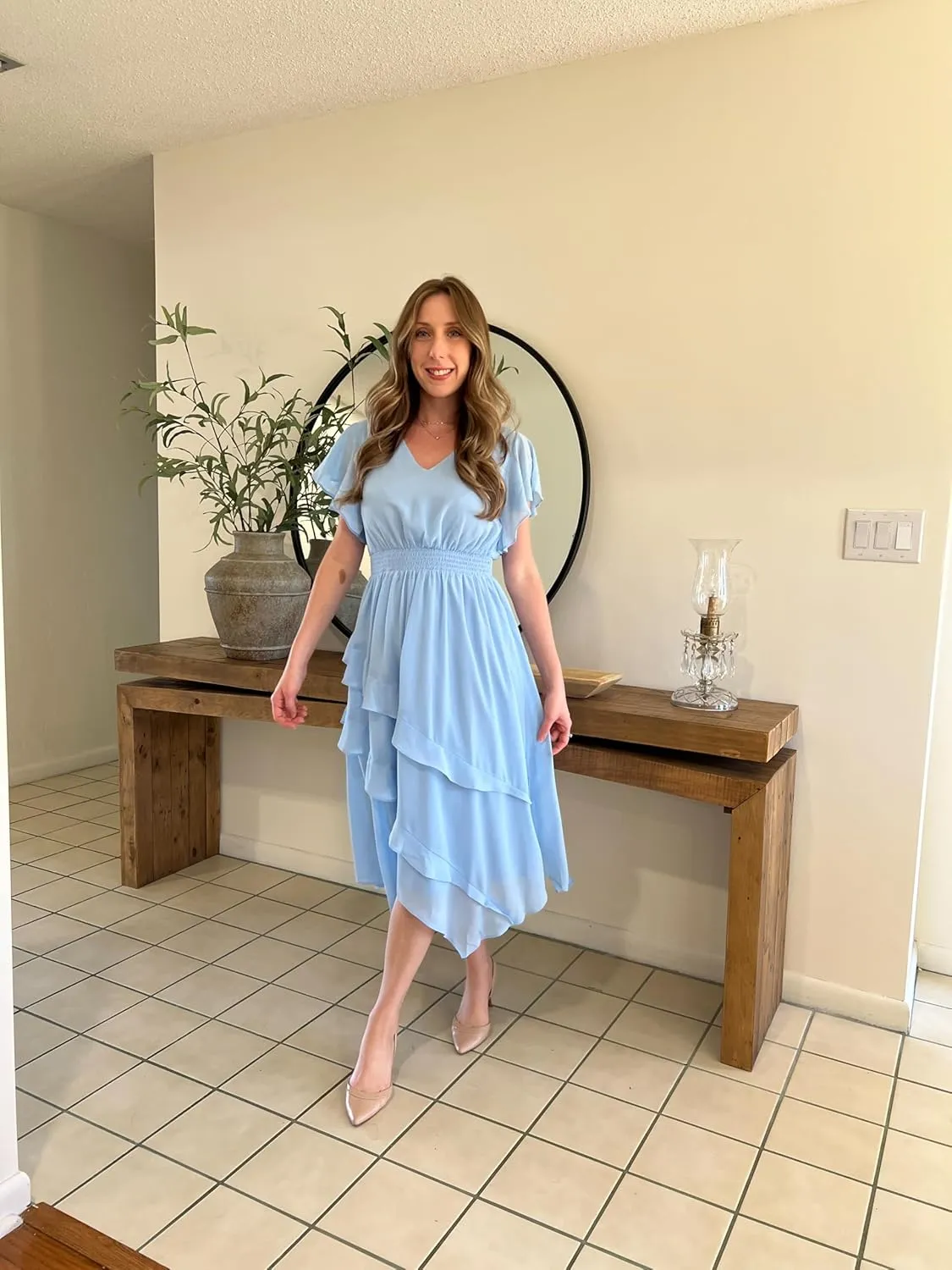 GRACE KARIN Women's Casual Summer V Neck Flutter Ruffle Short Sleeve 2025 Empire High Waist Flowy Midi Dresses