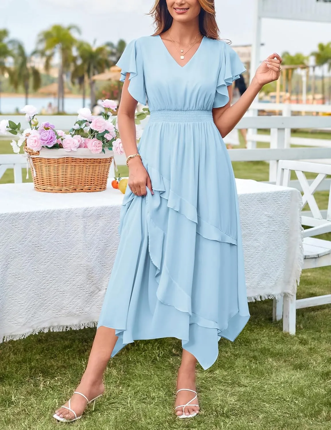 GRACE KARIN Women's Casual Summer V Neck Flutter Ruffle Short Sleeve 2025 Empire High Waist Flowy Midi Dresses