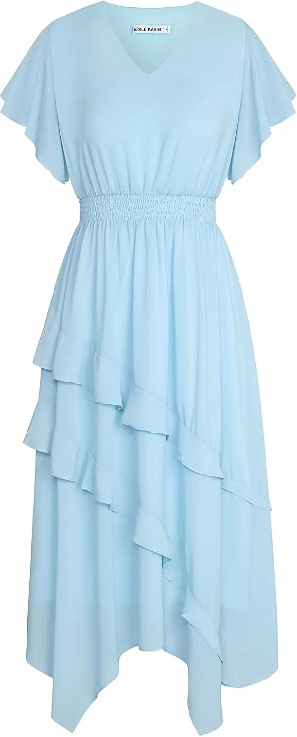 GRACE KARIN Women's Casual Summer V Neck Flutter Ruffle Short Sleeve 2025 Empire High Waist Flowy Midi Dresses