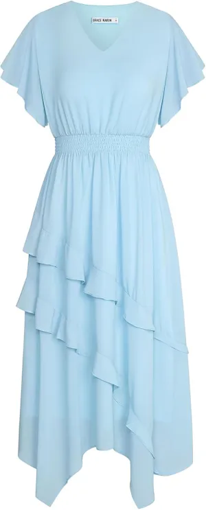 GRACE KARIN Women's Casual Summer V Neck Flutter Ruffle Short Sleeve 2025 Empire High Waist Flowy Midi Dresses