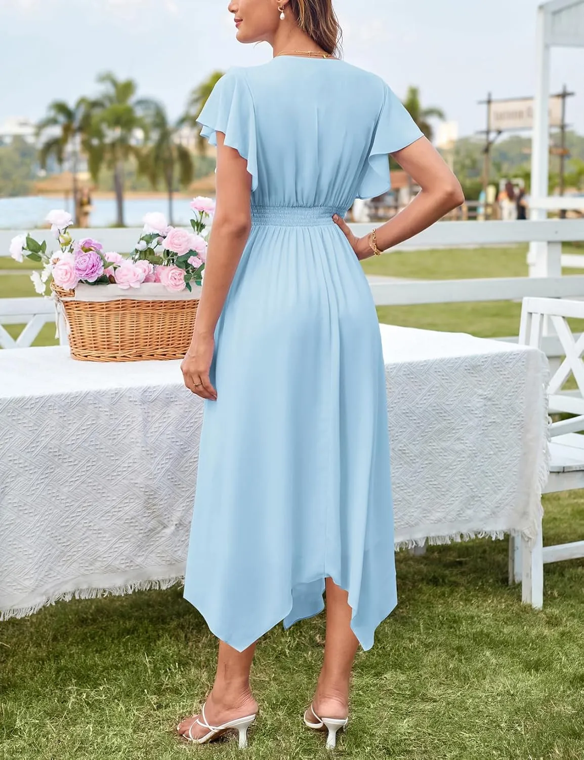 GRACE KARIN Women's Casual Summer V Neck Flutter Ruffle Short Sleeve 2025 Empire High Waist Flowy Midi Dresses