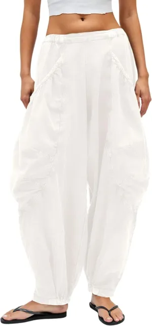 Harem Pants for Women Casual Loose Palazzo Elastic Waisted Cotton Linen Wide Leg Pants with Pockets