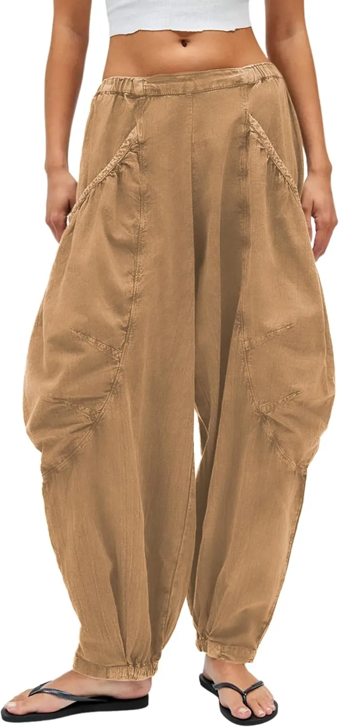 Harem Pants for Women Casual Loose Palazzo Elastic Waisted Cotton Linen Wide Leg Pants with Pockets