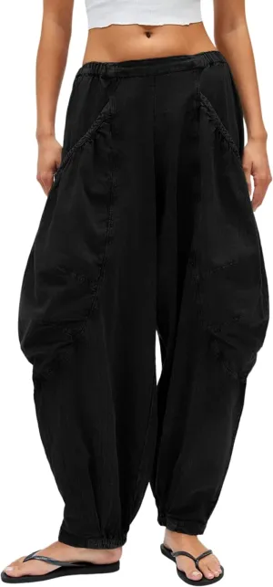 Harem Pants for Women Casual Loose Palazzo Elastic Waisted Cotton Linen Wide Leg Pants with Pockets