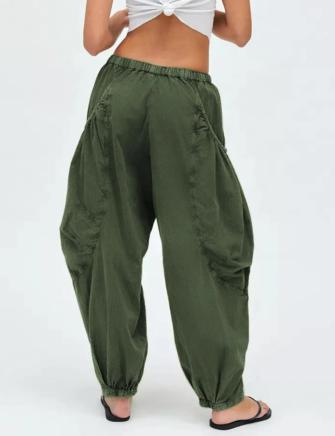 Harem Pants for Women Casual Loose Palazzo Elastic Waisted Cotton Linen Wide Leg Pants with Pockets