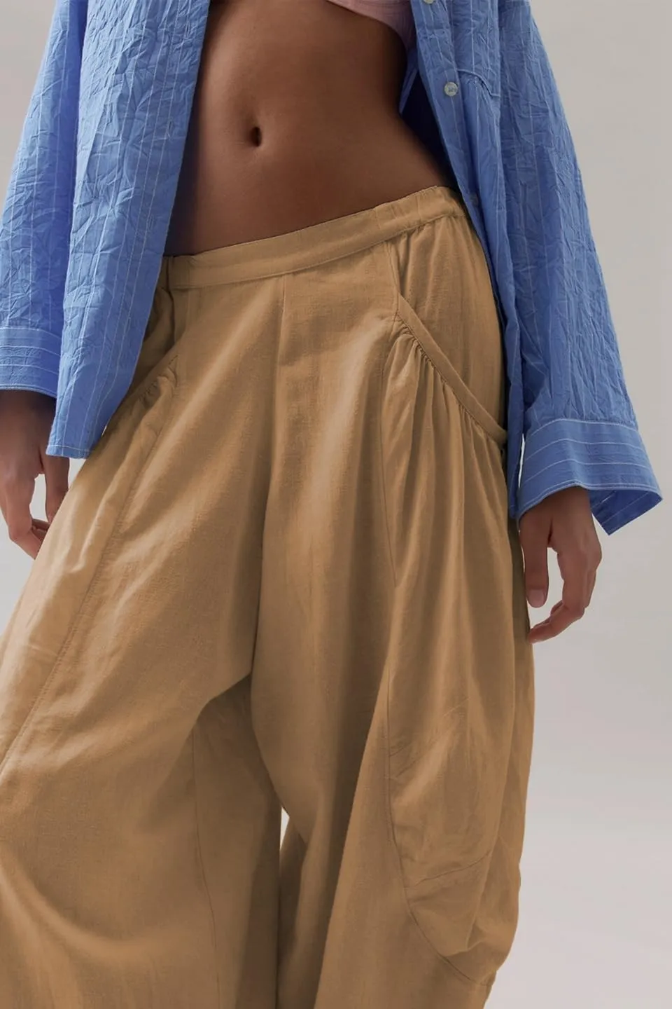 Harem Pants for Women Casual Loose Palazzo Elastic Waisted Cotton Linen Wide Leg Pants with Pockets