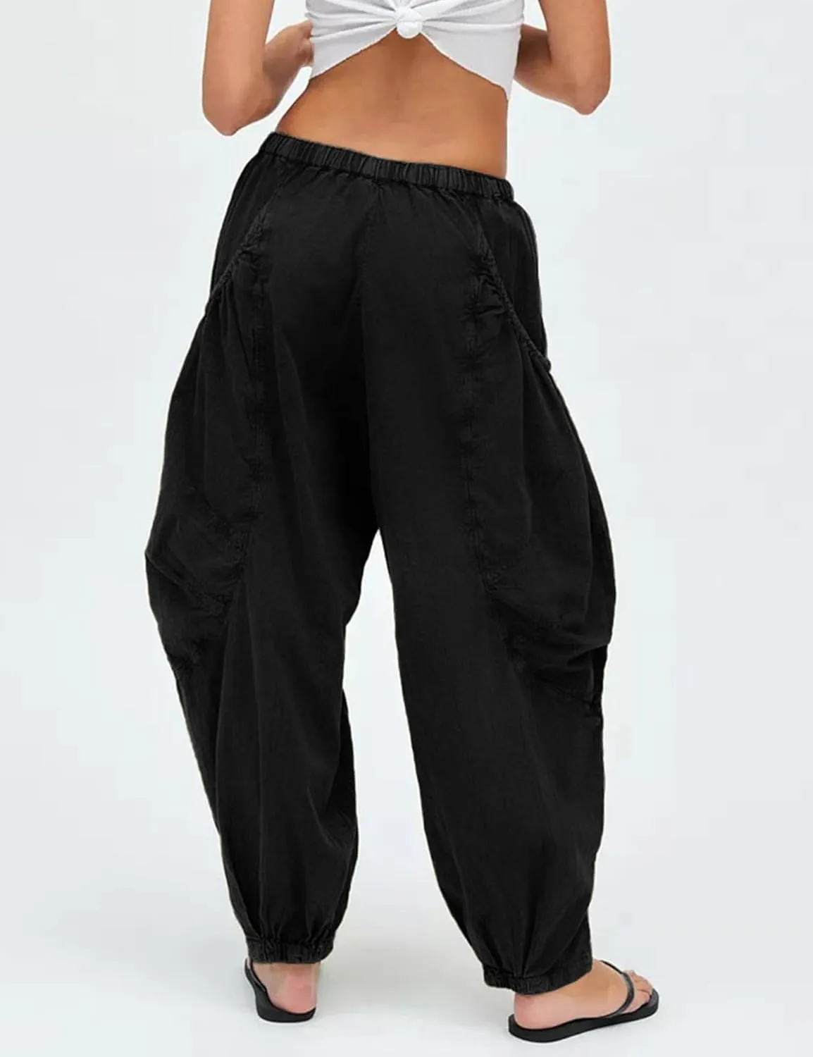 Harem Pants for Women Casual Loose Palazzo Elastic Waisted Cotton Linen Wide Leg Pants with Pockets