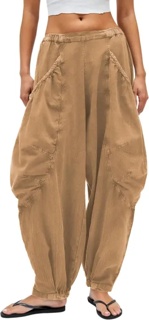 Harem Pants for Women Casual Loose Palazzo Elastic Waisted Cotton Linen Wide Leg Pants with Pockets