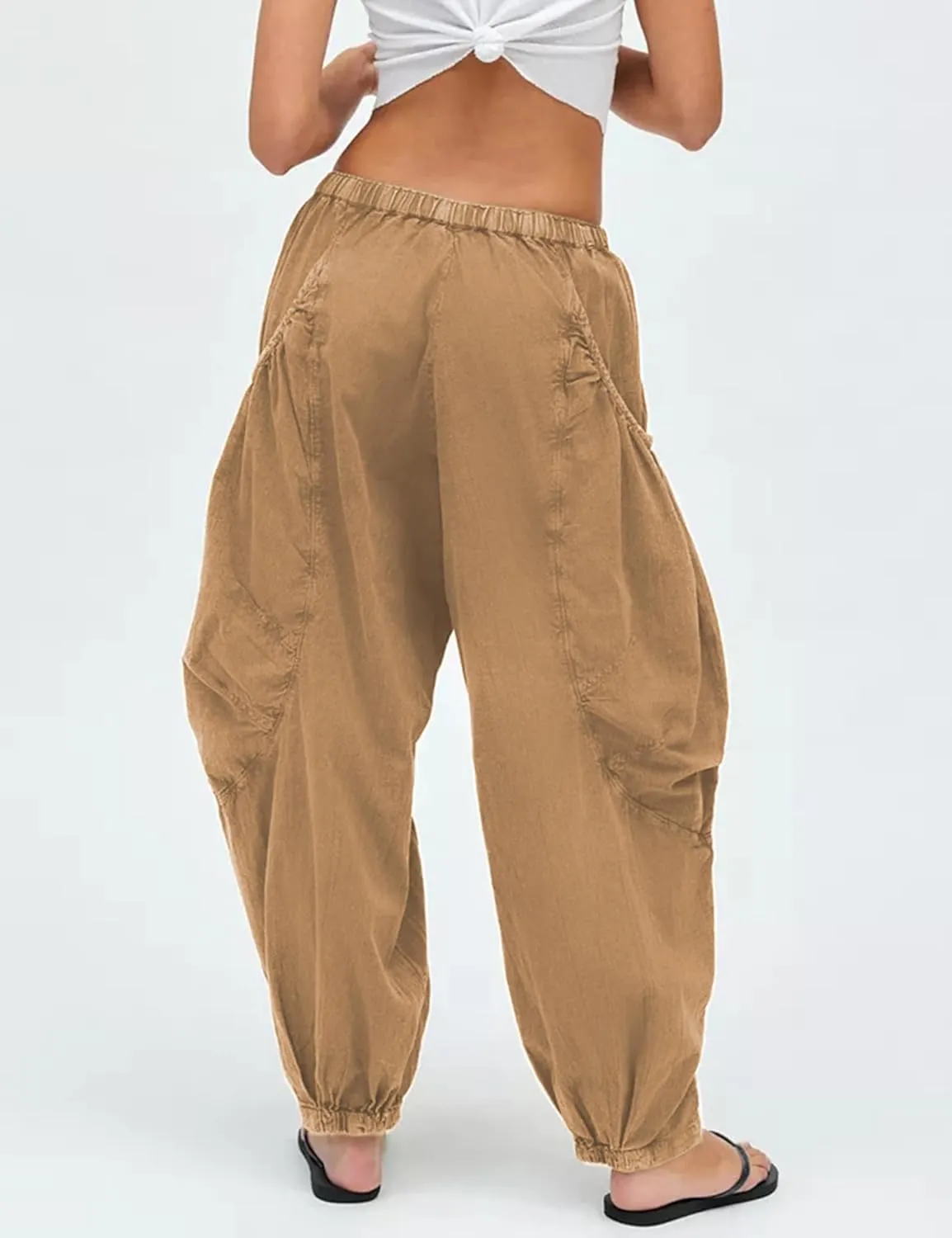 Harem Pants for Women Casual Loose Palazzo Elastic Waisted Cotton Linen Wide Leg Pants with Pockets