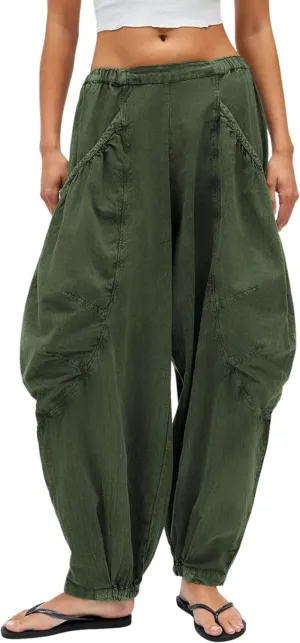 Harem Pants for Women Casual Loose Palazzo Elastic Waisted Cotton Linen Wide Leg Pants with Pockets