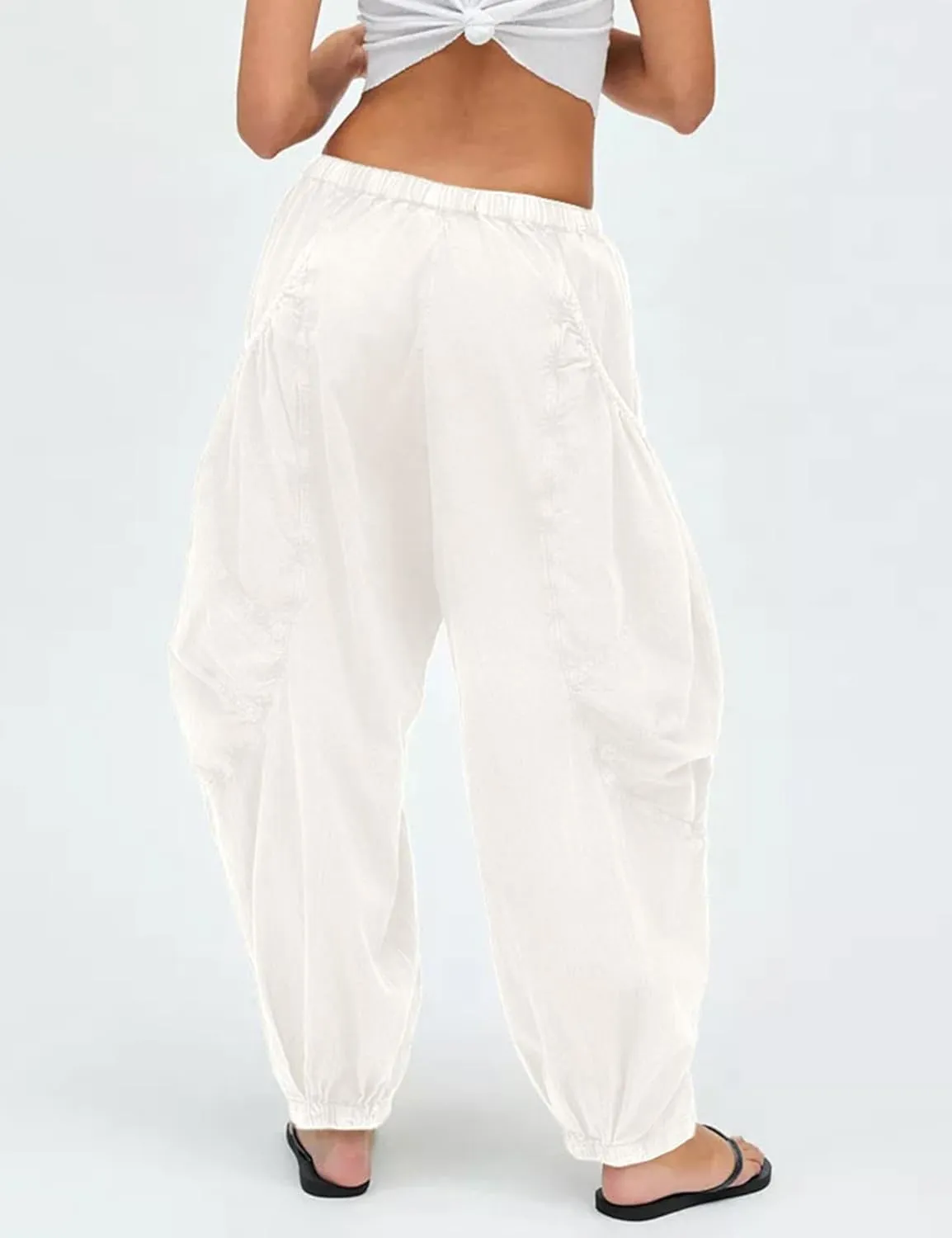 Harem Pants for Women Casual Loose Palazzo Elastic Waisted Cotton Linen Wide Leg Pants with Pockets