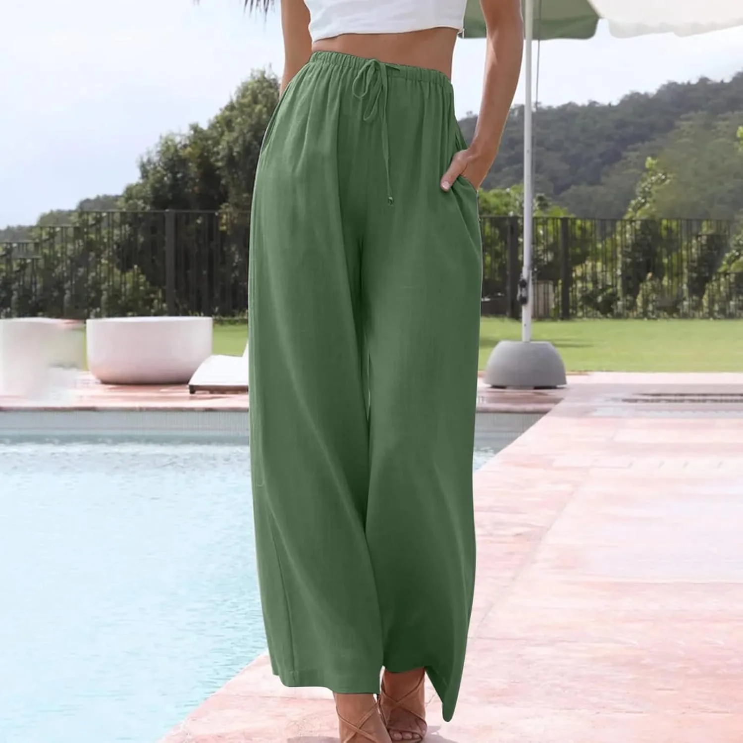 High Waisted Linen Pants for Women Dressy Casual 2025 Drawstring Wide Leg Flowy Pant Summer Beach Trousers