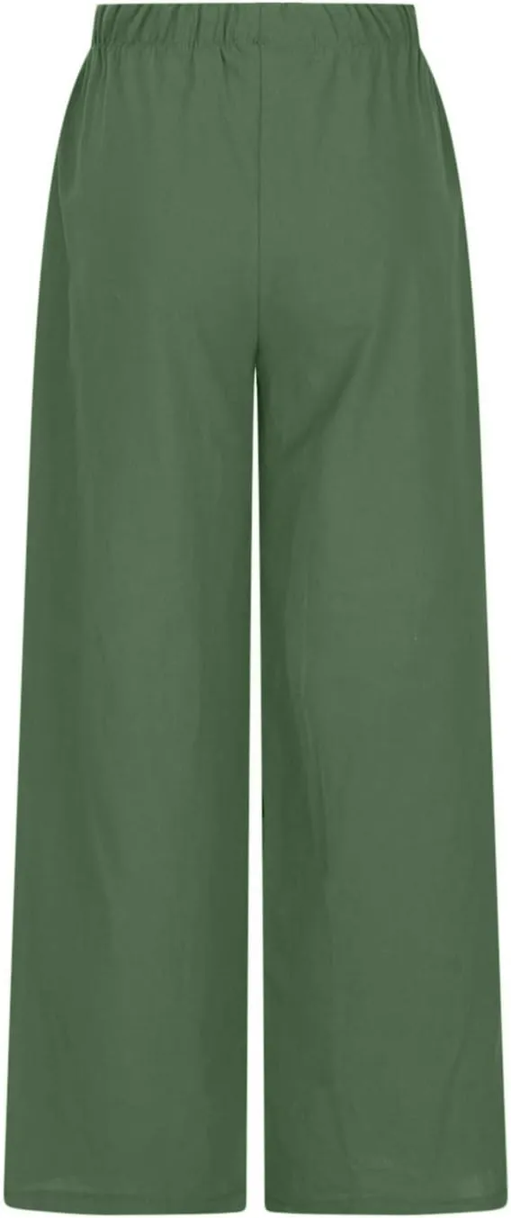 High Waisted Linen Pants for Women Dressy Casual 2025 Drawstring Wide Leg Flowy Pant Summer Beach Trousers