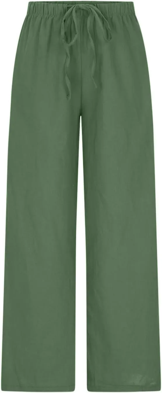High Waisted Linen Pants for Women Dressy Casual 2025 Drawstring Wide Leg Flowy Pant Summer Beach Trousers