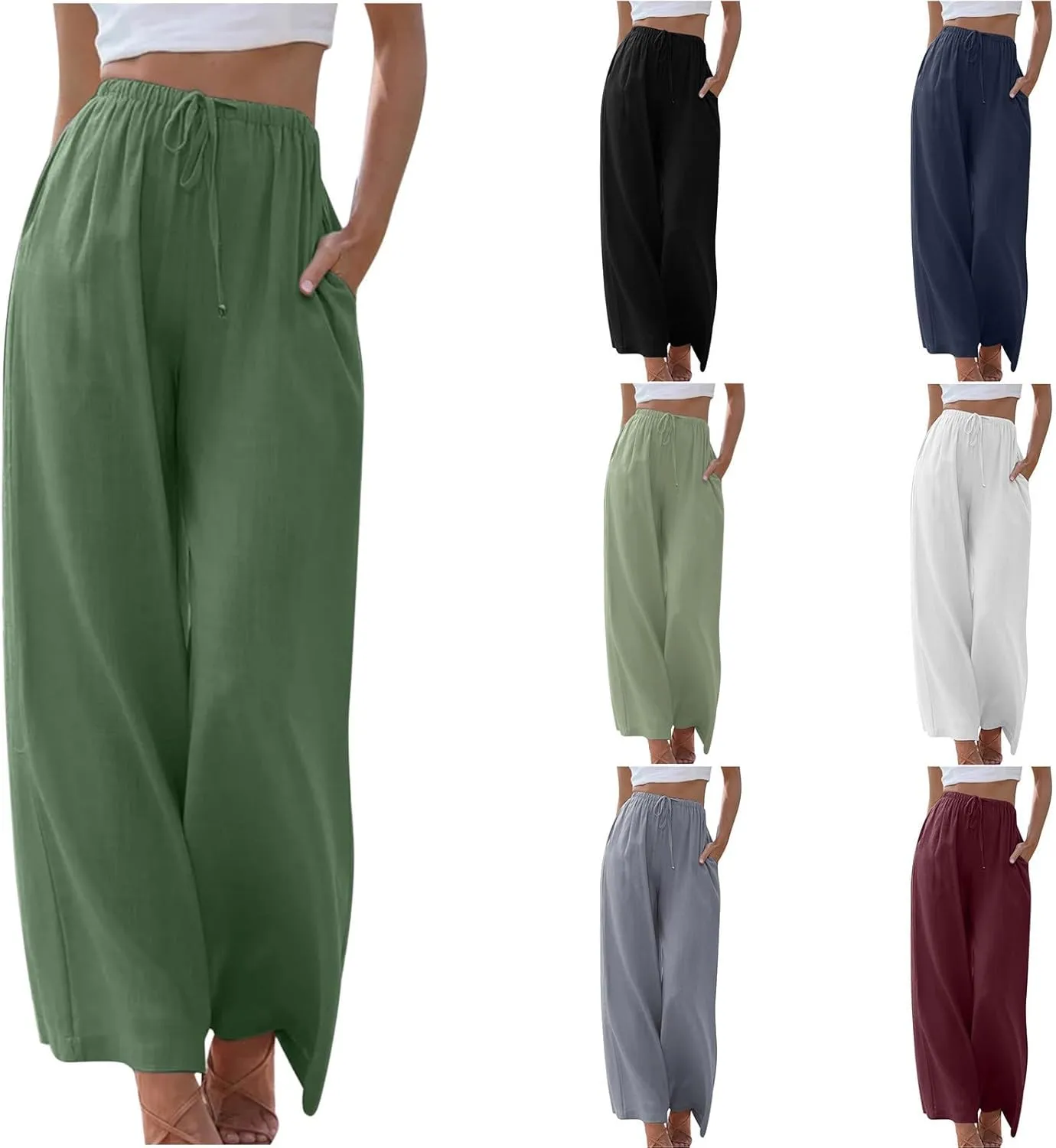 High Waisted Linen Pants for Women Dressy Casual 2025 Drawstring Wide Leg Flowy Pant Summer Beach Trousers