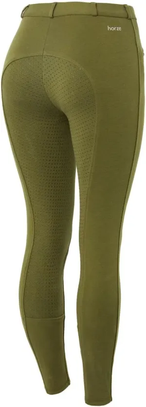 HORZE Active Women's Horse Riding Silicone Grip Full Seat Breeches | Midrise Waist with Front Pocket - Dark Olive - 26