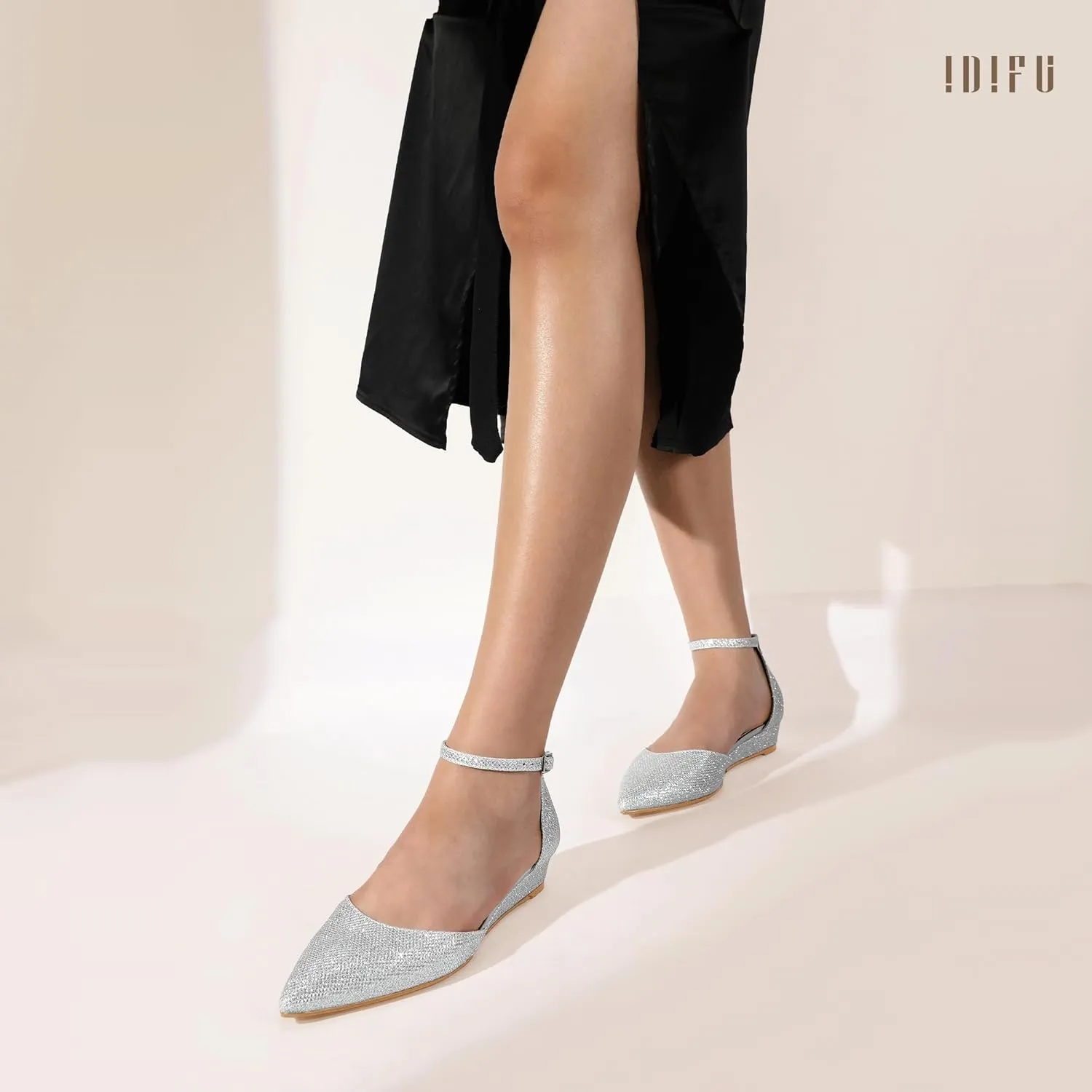 IDIFU Women's Low Wedge Flats Closed Pointed Toe Dress Shoes for Women with Adjustable Ankle Strap Wedding Bridal Work Office Business Prom Comfortable Dressy Casual Formal Cute Flat Shoes