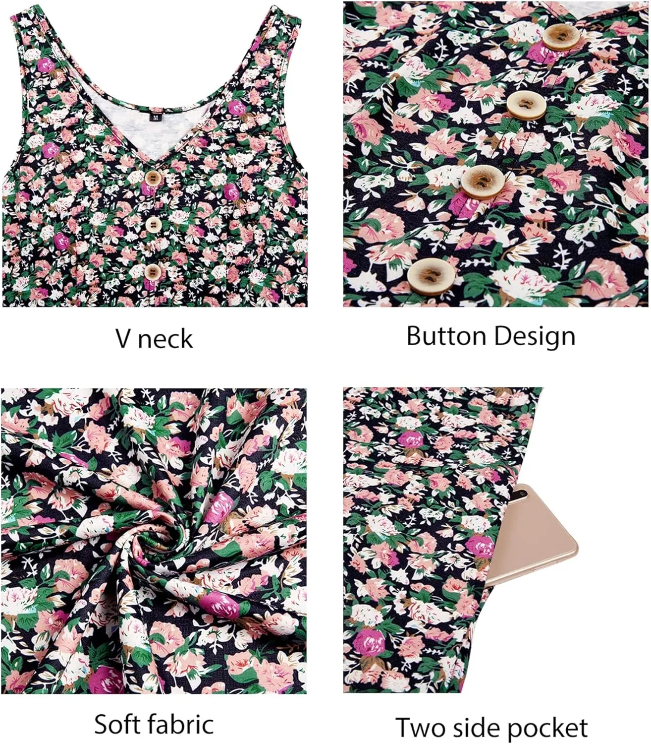 II ININ Women's 2025 Sundresses Casual Summer Tank Dress V Neck Sleeveless Button Down Midi Floral Beach Dress with Pockets