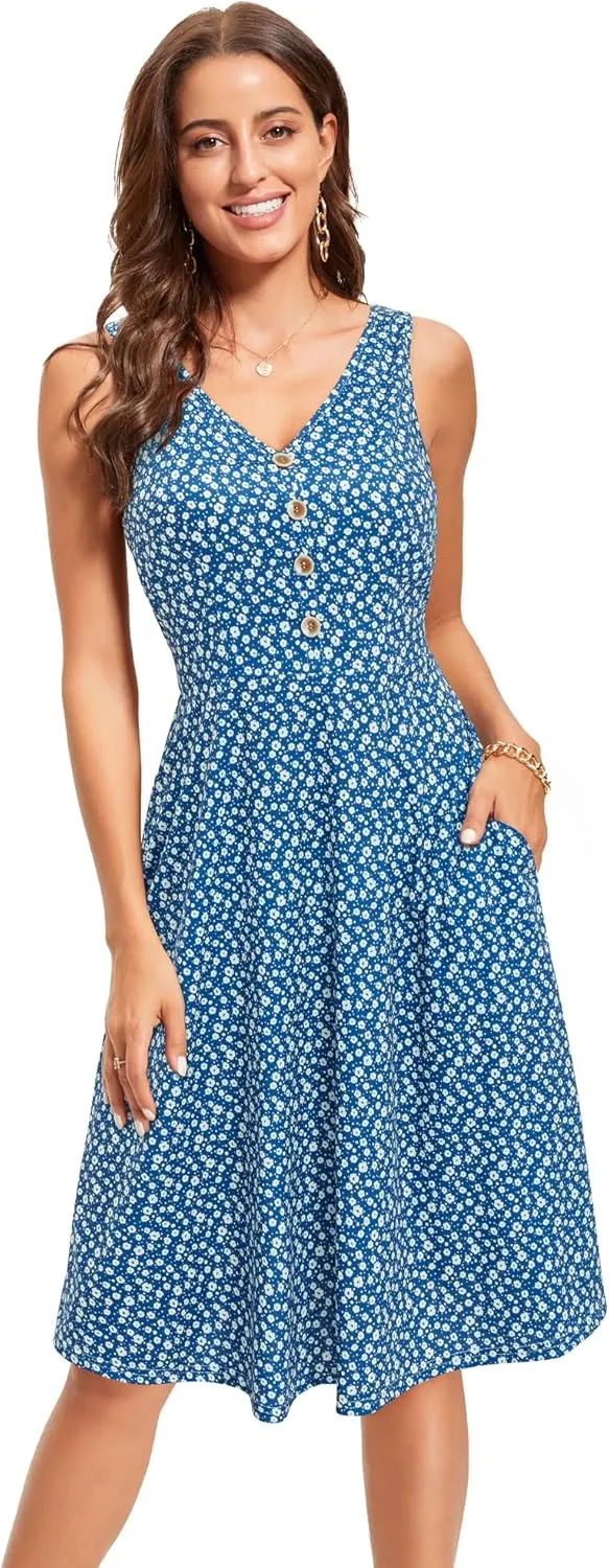 II ININ Women's 2025 Sundresses Casual Summer Tank Dress V Neck Sleeveless Button Down Midi Floral Beach Dress with Pockets