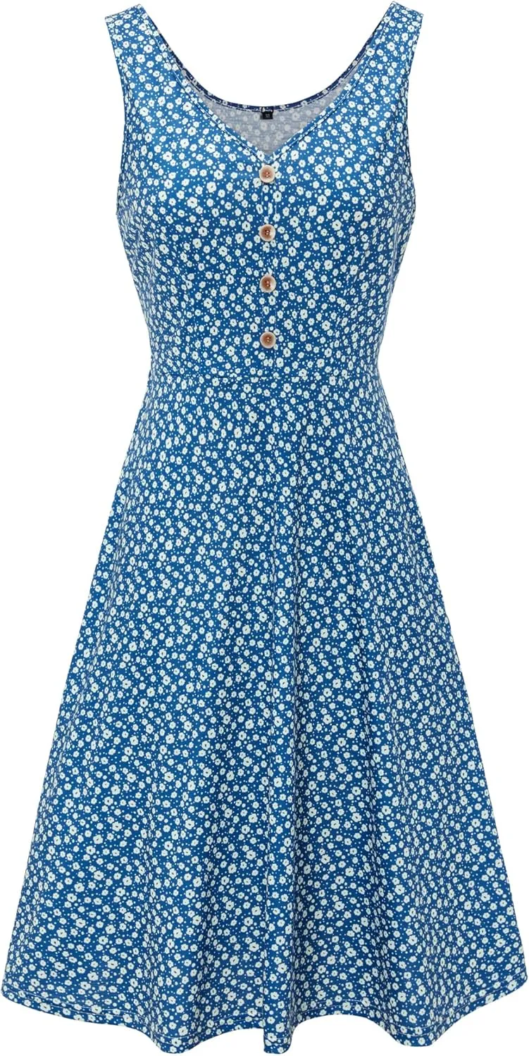 II ININ Women's 2025 Sundresses Casual Summer Tank Dress V Neck Sleeveless Button Down Midi Floral Beach Dress with Pockets