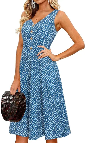 II ININ Women's 2025 Sundresses Casual Summer Tank Dress V Neck Sleeveless Button Down Midi Floral Beach Dress with Pockets
