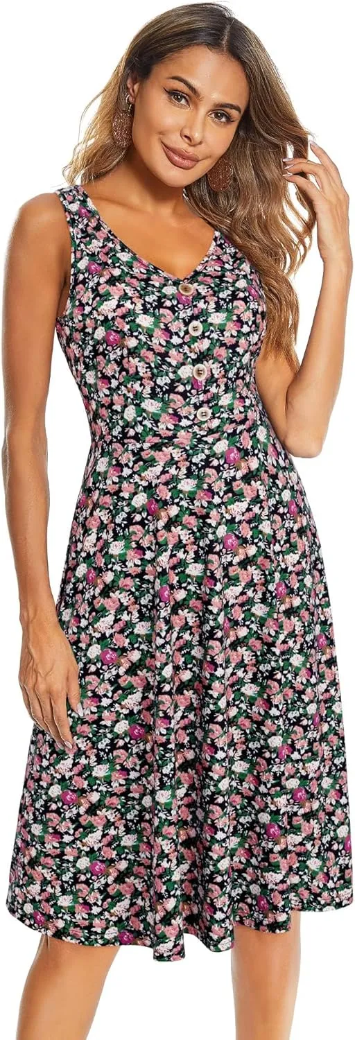 II ININ Women's 2025 Sundresses Casual Summer Tank Dress V Neck Sleeveless Button Down Midi Floral Beach Dress with Pockets